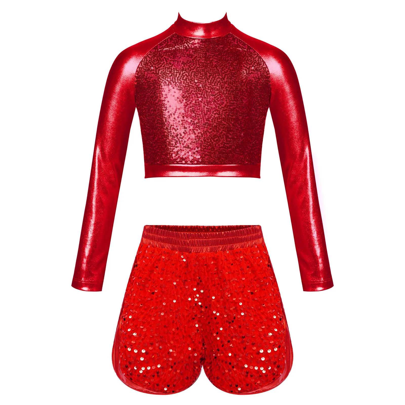 

Gymnastics Girls Jazz Dance Costumes Sequin Metallic Crop Top with Sequin Velvet Shorts for Latin Jazz Dance Stage Performance
