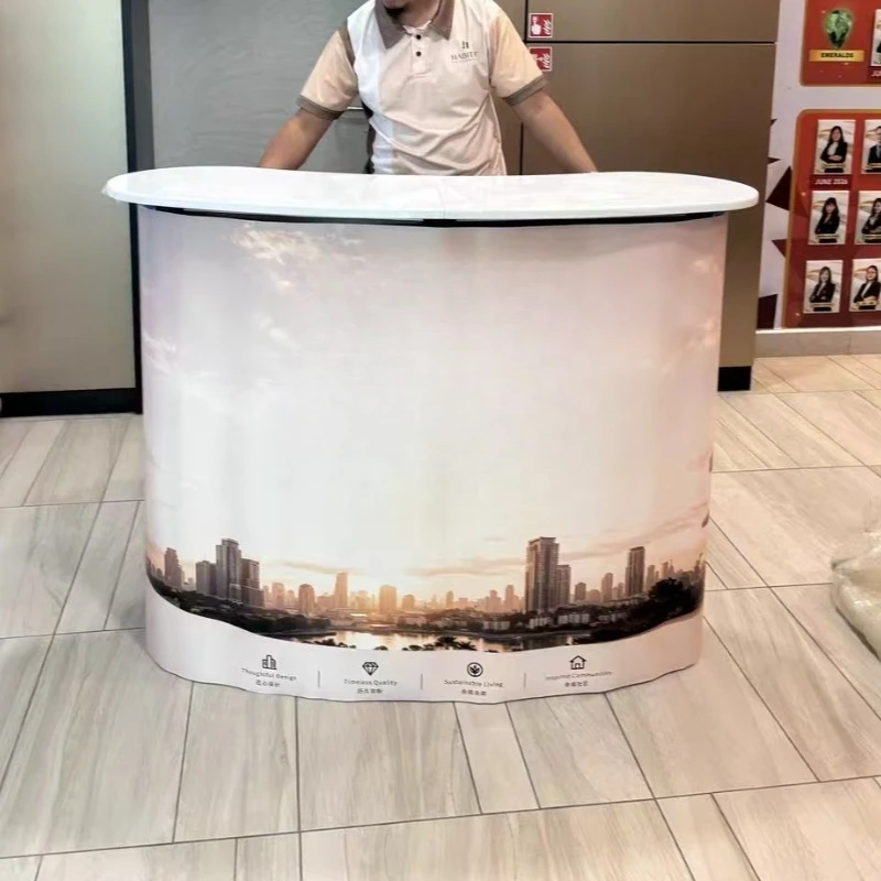 Portable Foldable Exhibition Counter Stand Tradeshow Booth Podium Retail Promotion Table with Back Wall for Fair & Party