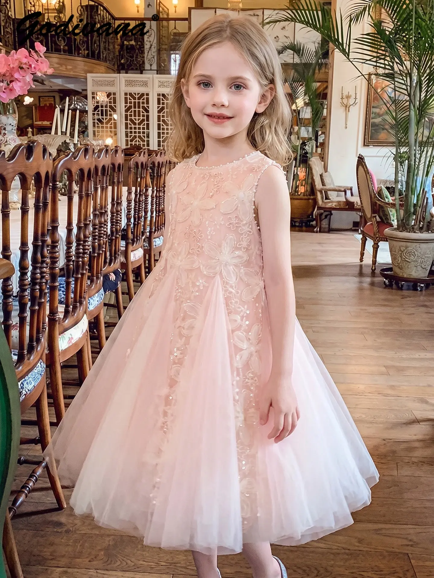 Girls Sweet Summer 2026 New High End Pink Princess Tank Dress Childrens Heavy Lace Floral Embroidery Pearls Puffy Mesh Sundress