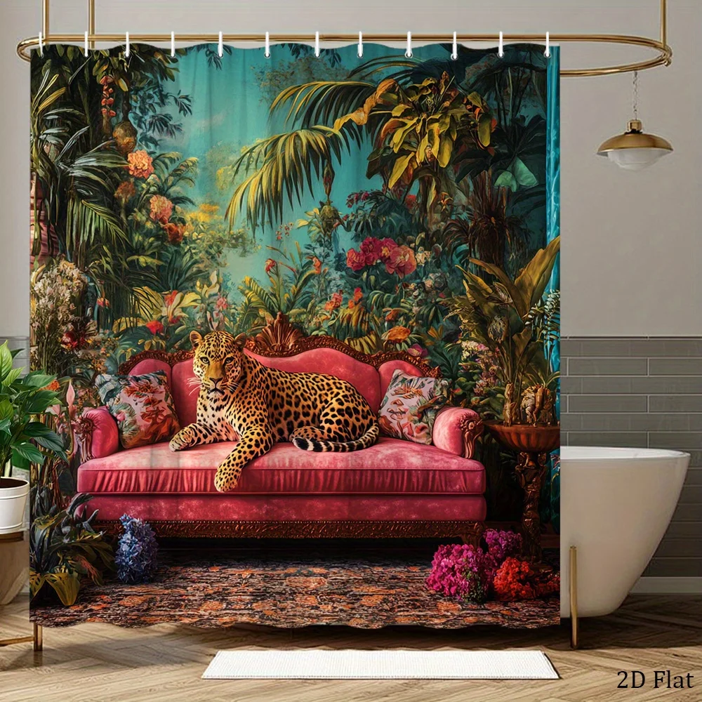 1pc Luxurious Jungle Lounge Shower Curtain with Leopard on Pink Sofa & Tropical Plants Design - Durable Polyester, Washable Bath