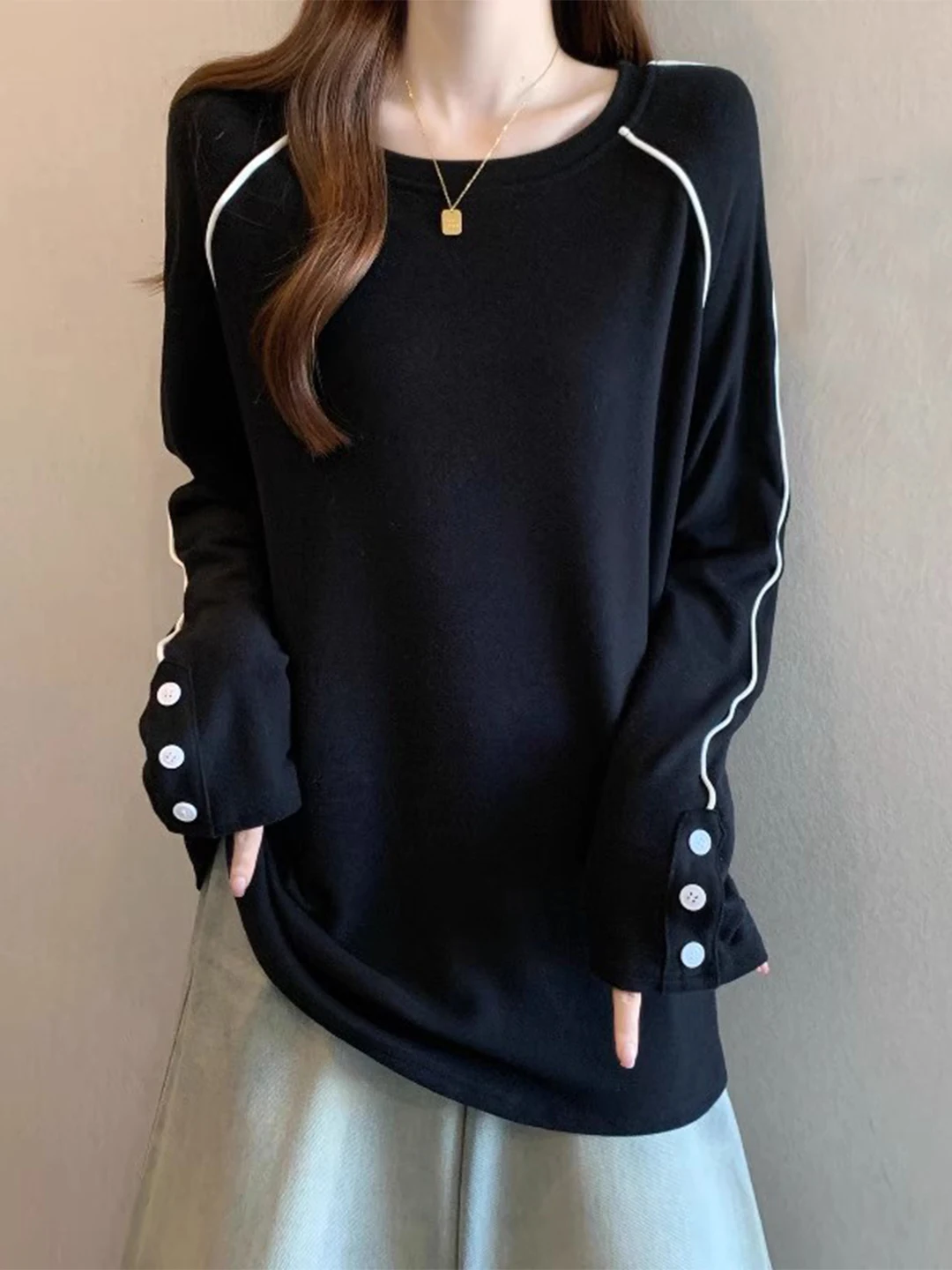 

Женская свободная футболка с длинным рукавом больших размеров, утягивающая, базовый слой, модный пуловер с круглым вырезом, зимняя мода