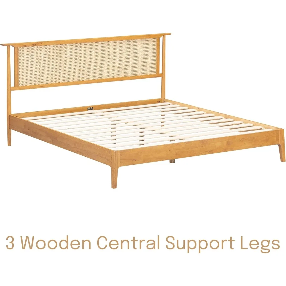 هيكل سرير خشبي من الروطان والبلوط الصلب مع لوح رأسي، يتميز بشرائح صامتة ودعم ما يصل إلى 1000 رطل