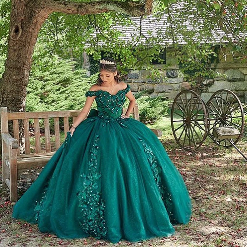 

Hunter Green Off The Shoulder Quinceanera Dresses Tulle Lace Appliques Prom Dress Vestido De 15 Anos Beading Sweet Ball Gown