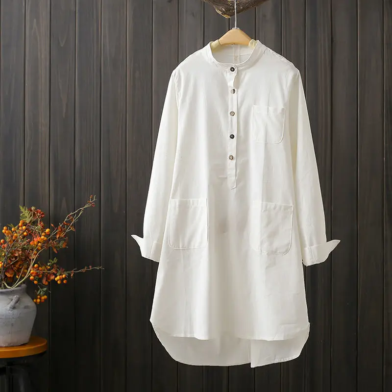 Cotton Shirts Womens 2022 Autumn Fall Stand Collar Loose Linen Blouse Female Front Pockets Solid Color Long Sleeve Tops Women