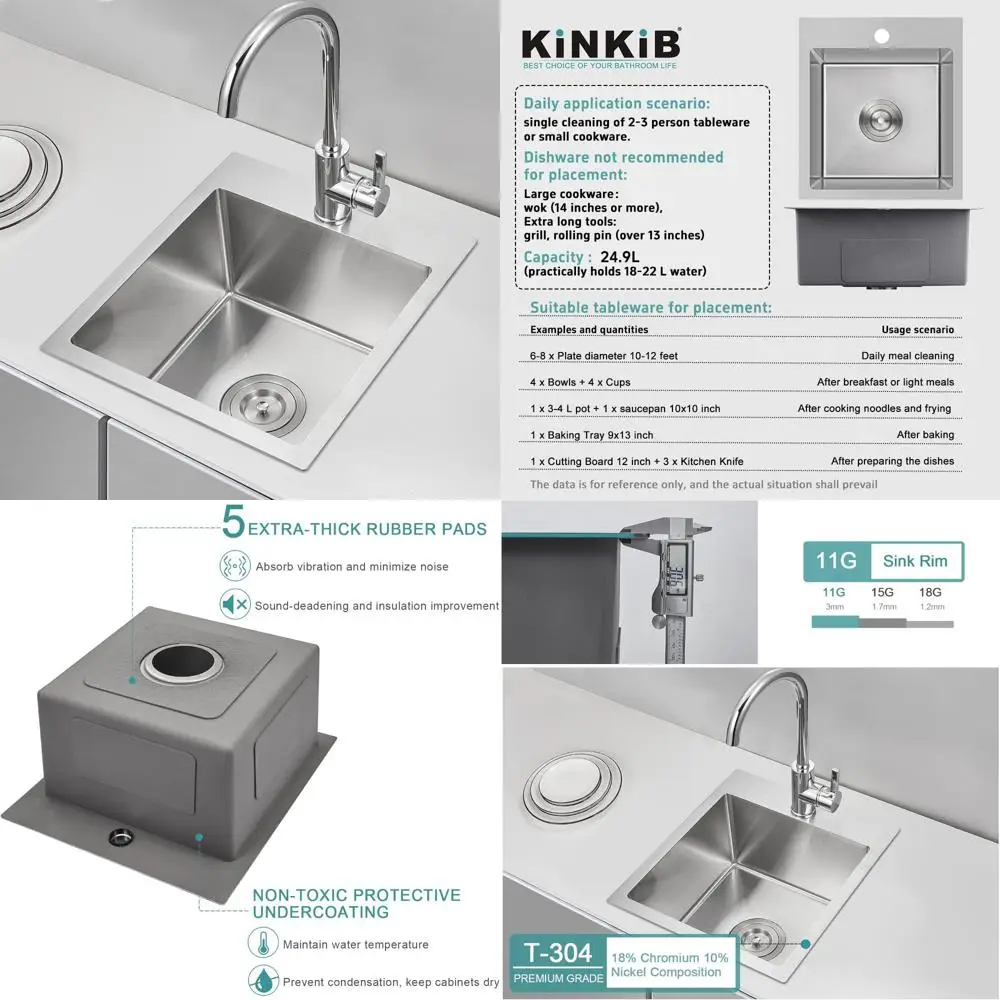 حوض بار منسدل مقاس 15 بوصة، وعاء واحد ممتاز من الفولاذ المقاوم للصدأ للاستخدام الصغير #1