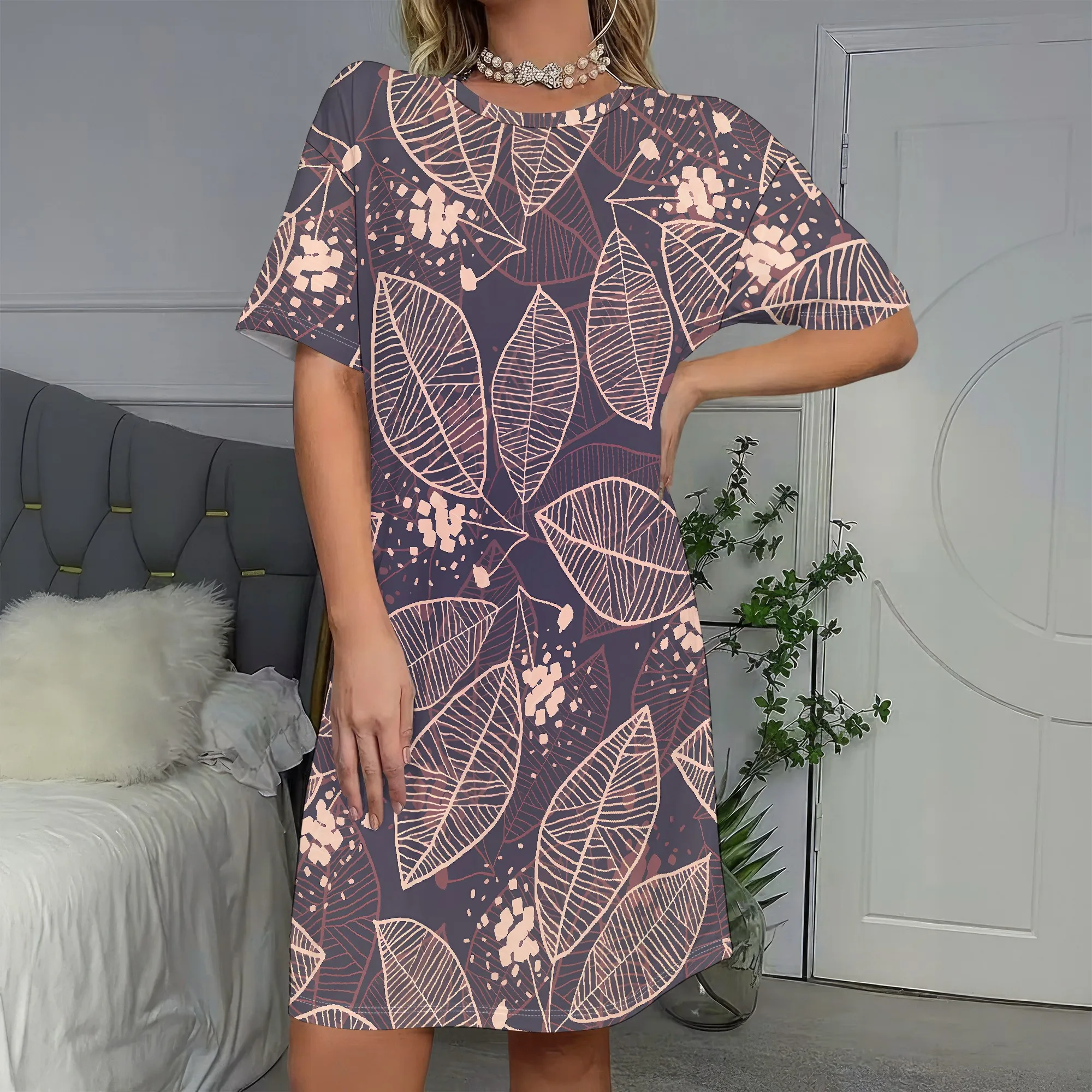 

Botanical Print, Short Sleeve Dress, Leaf Pattern Tunic, Casual A-Line Shift, Beach Party Vacation Wear, S-2XL