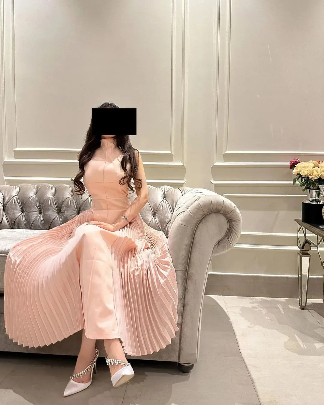 

BridalAffair Dubai Saudi Arabia Evening Dresses Women Wear Crew Neck Sleeveless Pleats Birthday Prom Dress Formal Party