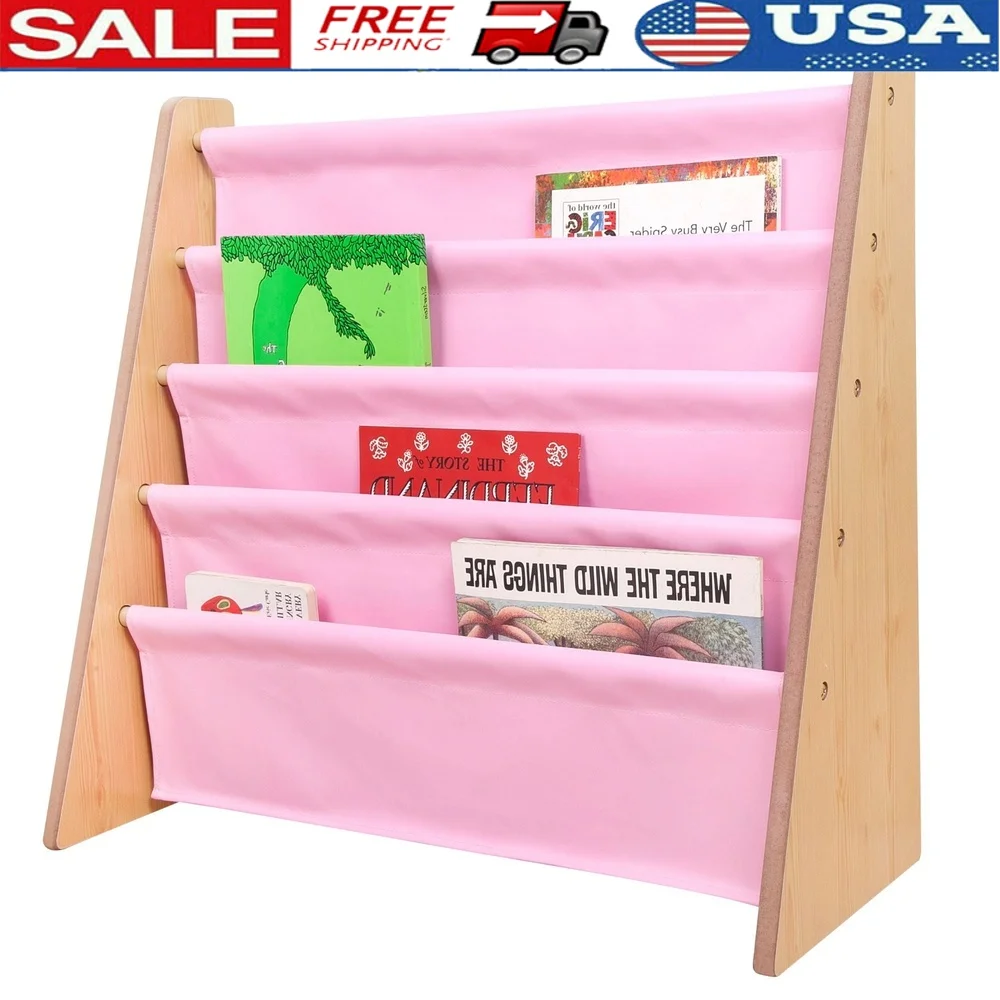 

Vegan Leather Sling Bookshelf Natural Wood Kids Book Rack with Four Shelves Easy Organization and Reading Encouragement
