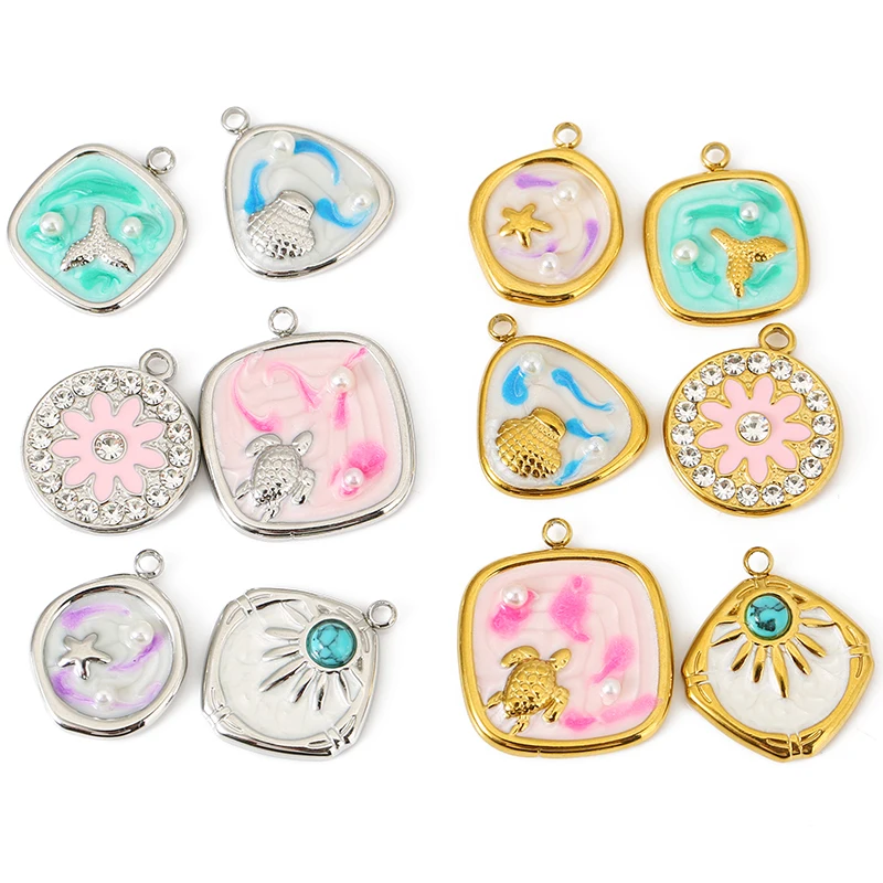 4pcs สแตนเลสสตีลเคลือบ SHELL ปลาดาวเต่า Ocean Charms สําหรับ DIY สร้อยคอสร้อยข้อมือจี้เครื่องประดับทําอุปกรณ์หา