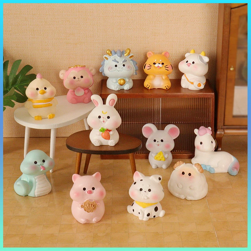 Dollhouse Simulation Miniature Cartoon Animal Ornaments Decorated With Chinese Zodiac Tiger Rabbit Puppy Doll Model Accessories