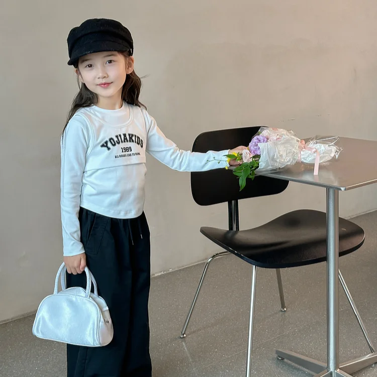 Girls Top 2024 Autumn New Childrens Wear Korean Style Baby Girl Fashion Long-sleeved T-shirt Fake Two Shirts Casual Simple Daily image 5