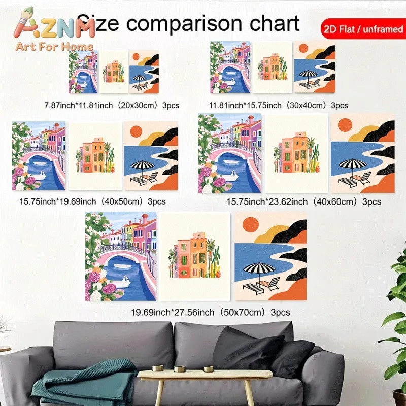 Boho Mediterranean Town Beach Canvas Wall Art 3pcs Venice Canal Colorful Building Sun Beach Chair Umbrella Unframed Canvas Print