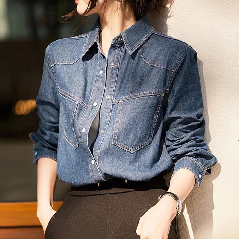 

Retro Blue Denim Shirt For Women 2024 Spring New Long Sleeved Polo Collar Single Breasted Cowboy Cardigan Women's Top Camisas