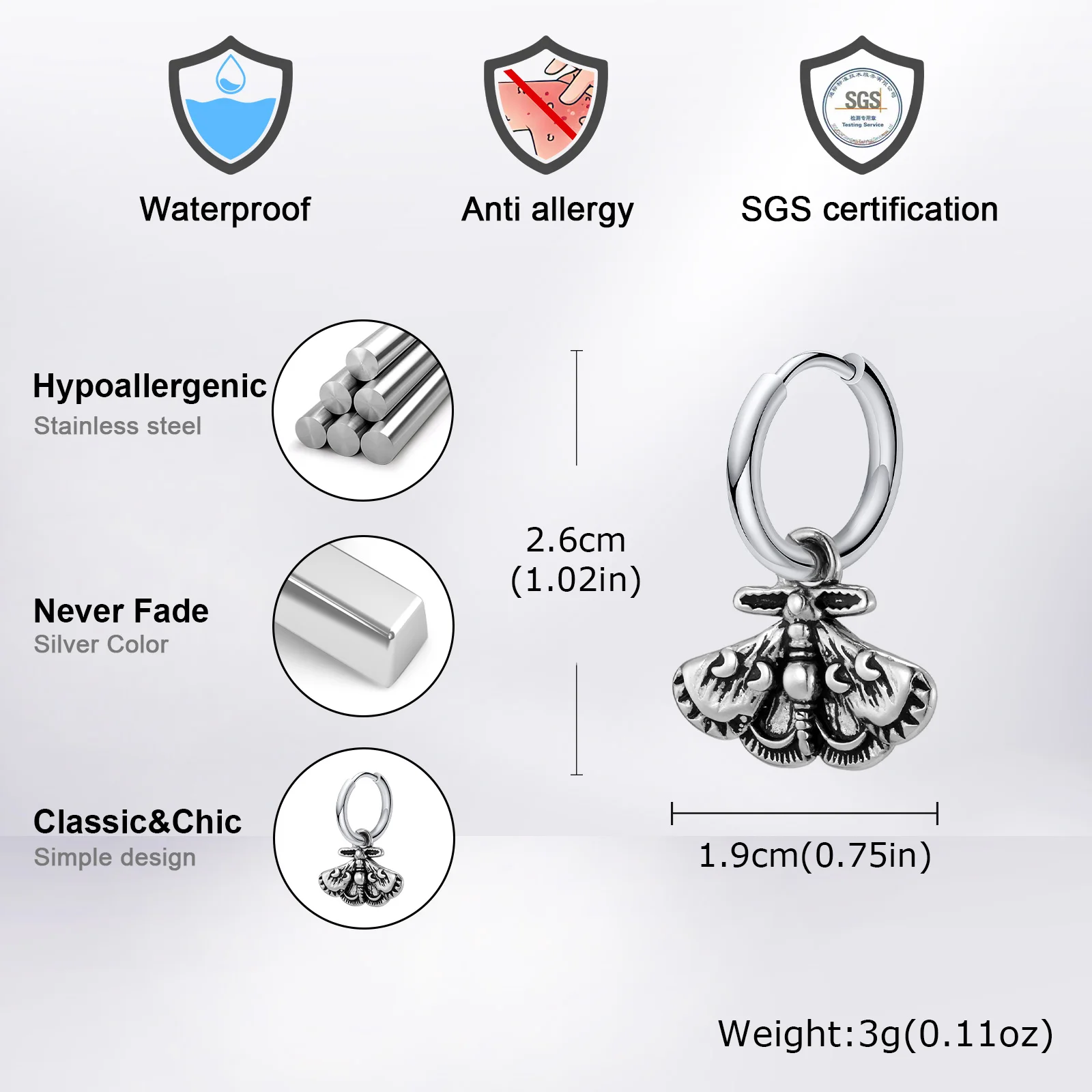Vnox Gothic Vintage Moth Bat Hoop Earrings for Men, Stainless Steel Hypoallergenic Halloween Punk Jewelry Gift with Ear Piercing view 4