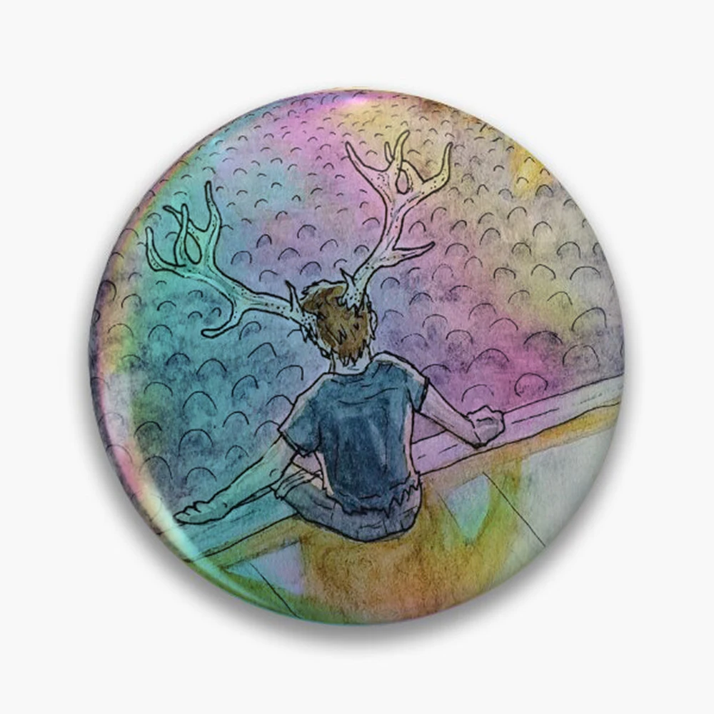 Alien boy watercolor art Pin Holographic Star Heart Pin Brooches Laminated Button Fashion Accessory
