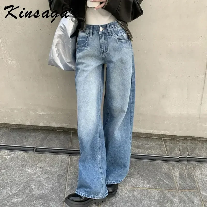 Kinsaga Korean Fashion Vintage Blue Wide Straight Jeans Women Pear Shape High Waist Mopping Denim Pants Tall Girl Baggy Trousers