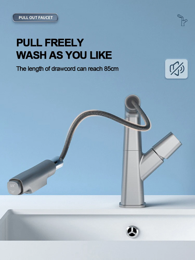 Gray Kitchen Sink Faucet 360 Degree Rotating Pull Out Button Key Basin Faucets Single Handle Hot Cold Mixer Tap faucet kitchen