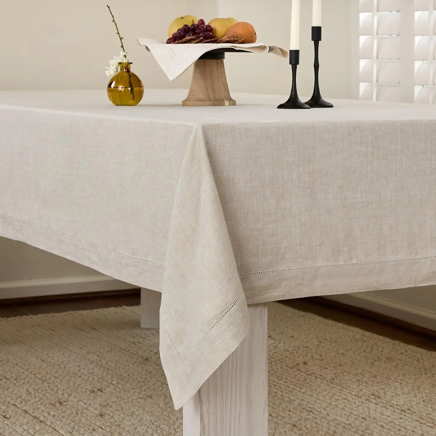 White Linen Tablecloth - 100% Pure Linen Hemstitch Table Cloth for Rectangle Tables - Classic Hemstitch, Machine W
