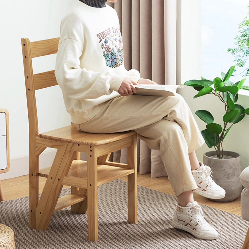 

4 Tier Solid Wood Folding Chair Multi-Function Folding Step Ladder Anti-Slip Convertible Wood Ladder for Home Kitchen