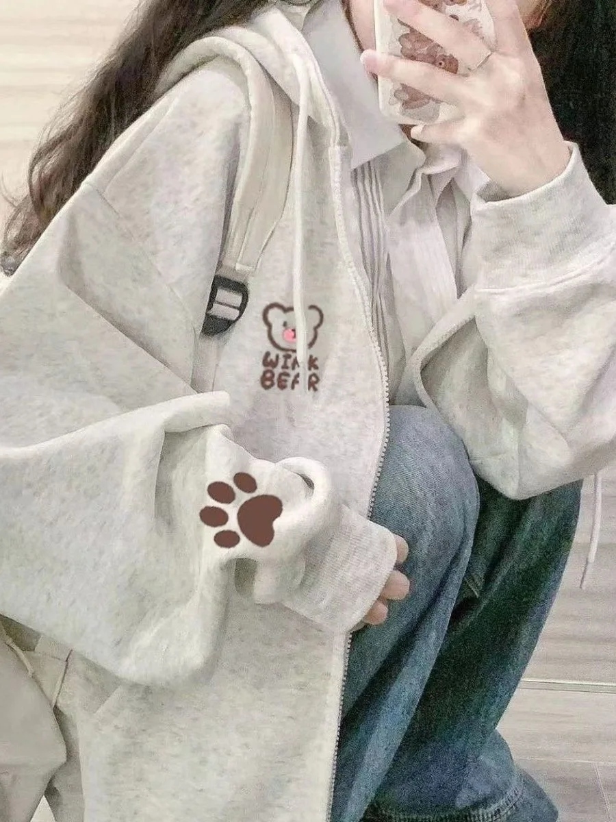 

Женская толстовка с ретро-американским мультяшным принтом, свободная повседневная флисовая куртка с длинными рукавами, осенне-зимняя милая верхняя одежда