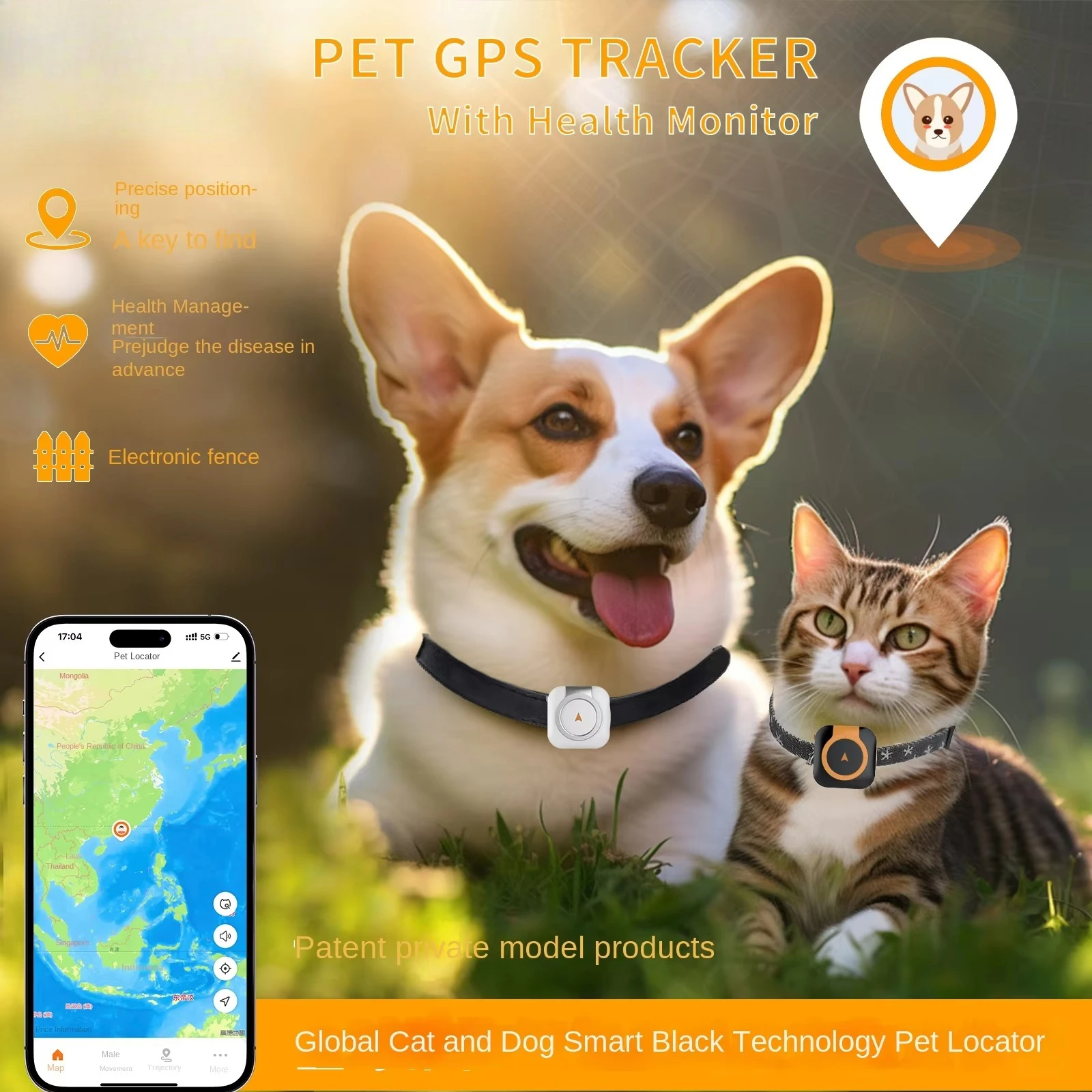 GPS Pet Real-Time Locator Health Monitoring Tracking Collar for Cats Dogs Anti-Lost 4G Night Light ABS PC Patent Shark Clip C08