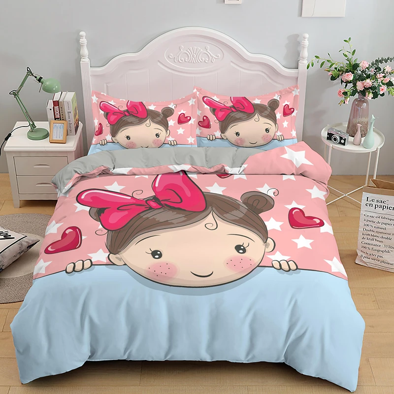 

Cartoon Lovely Girls King Queen Duvet Cover Cute Little Girl Pattern Bedding Set Kids Pink Pretty 2/3pcs Quilt Cover