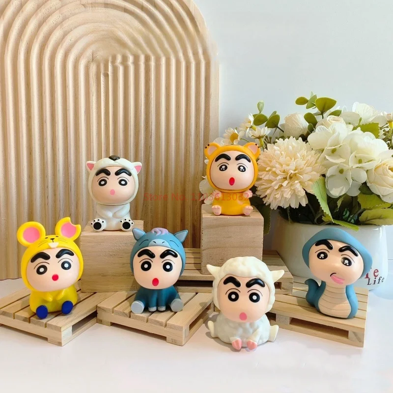 6/10/12pcs Set Crayon Shin-Chan Anime Figure Fishing Puppy Kawaii Q Version Mini Decor Figurines Collectibles Toys Holiday Gifts