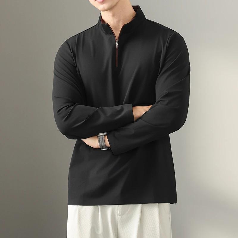 Men Business Casual Elasticity Comfortable Long Sleeve Zipper Stand Collar T-shirt Man Streetwear T Shirts Tops Sport Tshirt