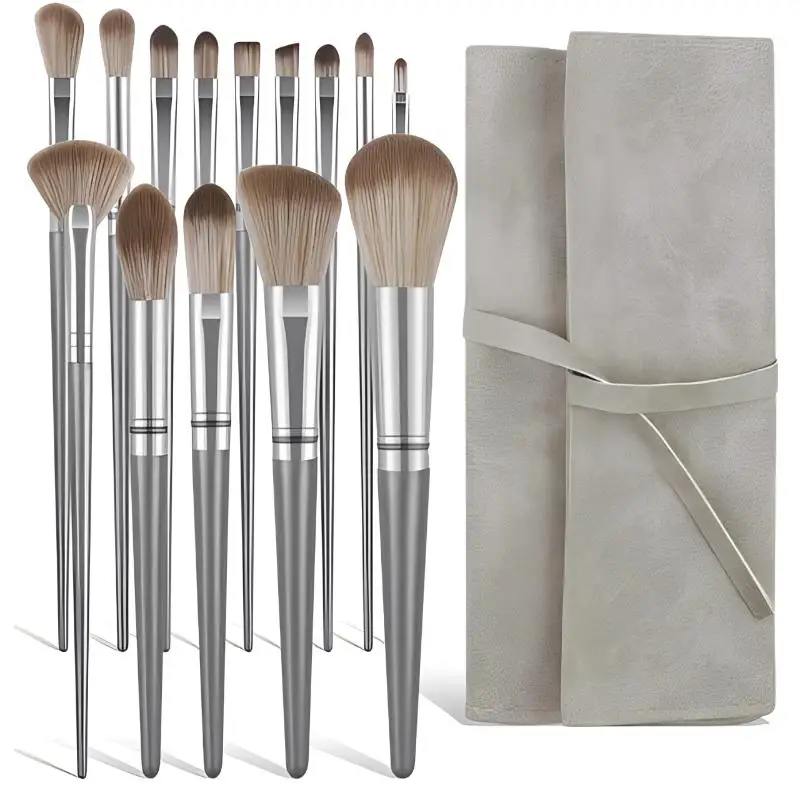 14-piece Silver Grey Makeup Tool Set with PU Leather Case Ultra Soft Brush Hair for  Face Eye Makeup