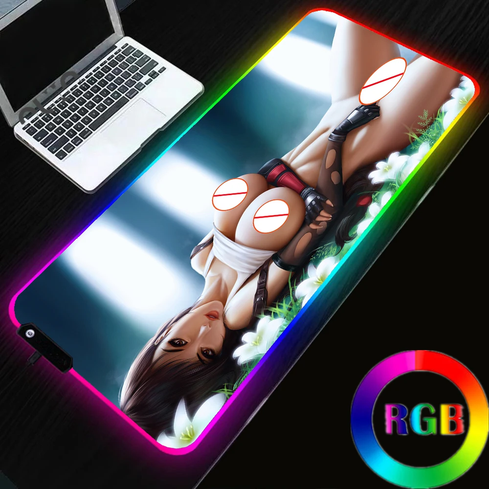 Final Fantasy Sexy Anime Gaming Mousepad Big Ass Girl RGB Mousepad Gamer Computer Carpet RGB Backlit Mause Pad for Desk Keyboard