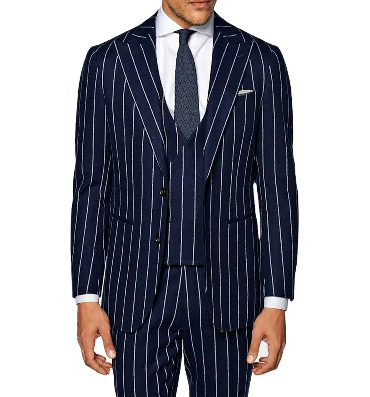 

Navy Blue Pinstripes Men Suits 3 Pieces Blazer Vest Pants Single Breasted Business Wedding Groom Tuxedos Custom Male Clothing
