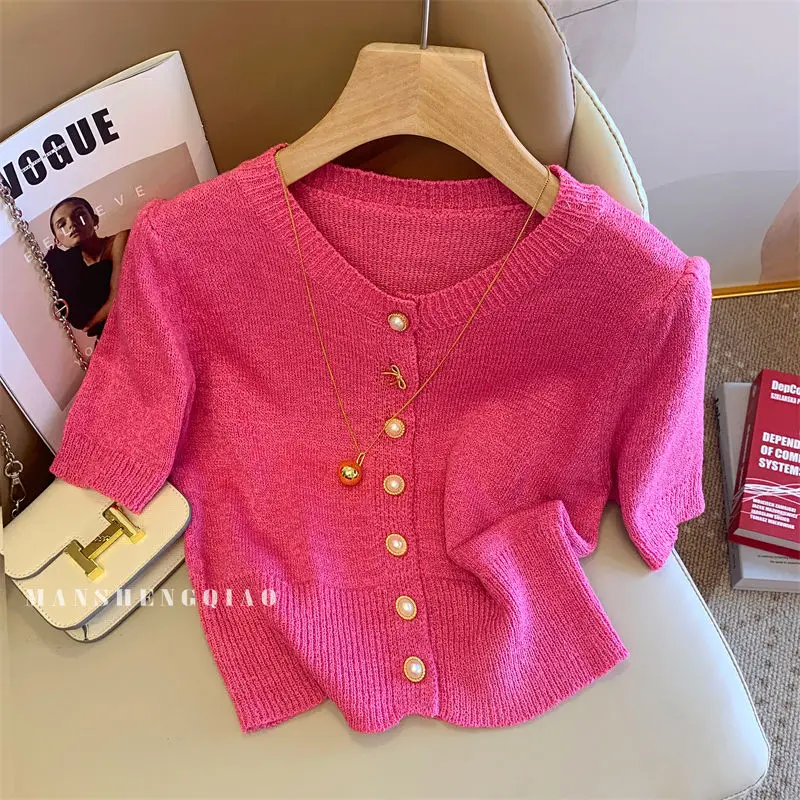 

French Fashion Sweet Chic Button Short Sleeve Knitted T-shirt 2025 Summer New Women Clothing Vintage Solid Tops