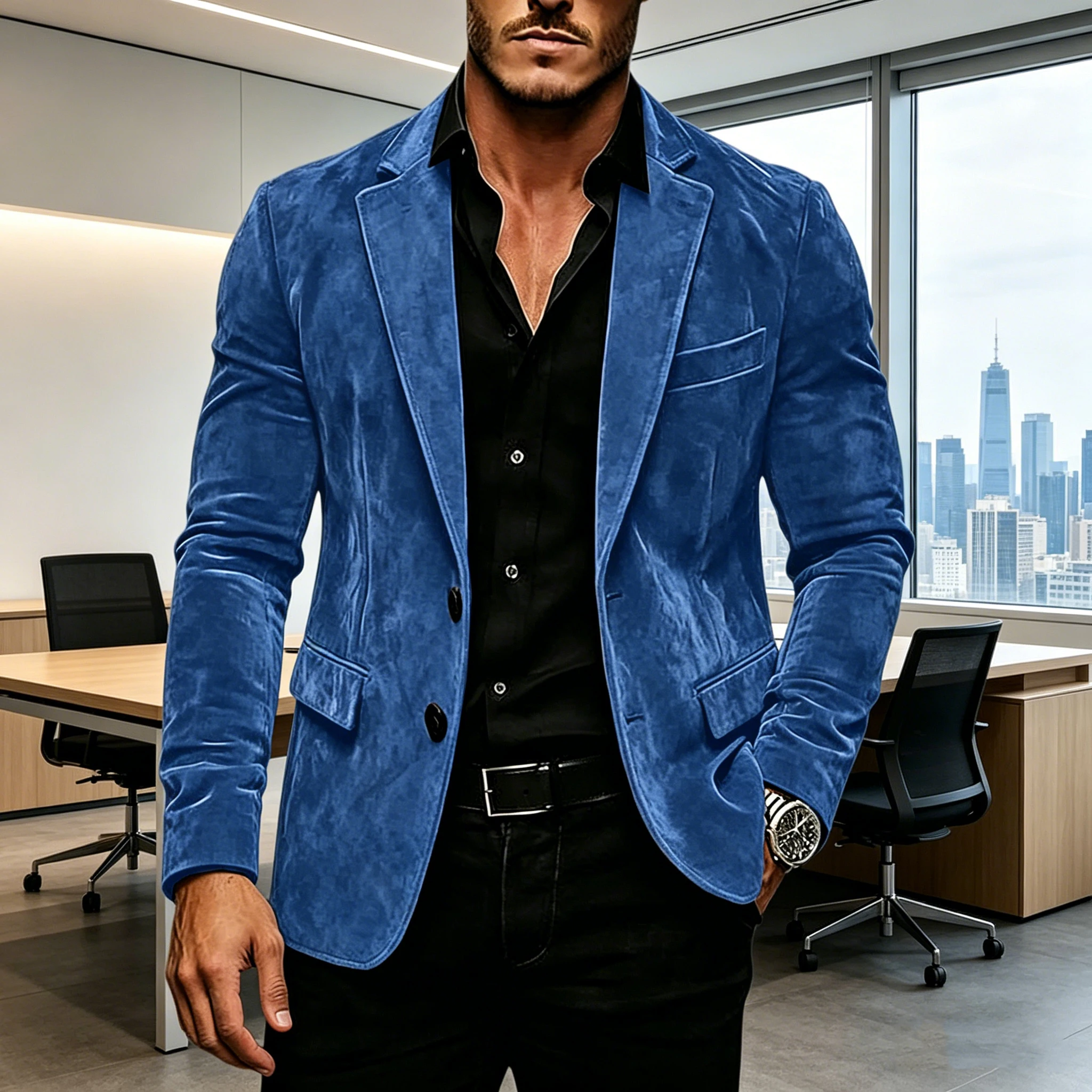 Vintage Men's Suede Blazer Slim Fit 2 Button Notched Lapel Casual Suit Jacket Formal Business Tuxedo Wedding Party Daily Wear