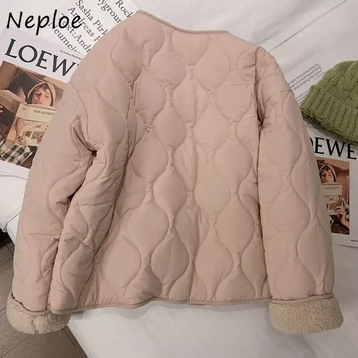 Neploe Berber Fleece Panelled Sweet All-match Parkas 2024 Winter New Warm Women Clothing Korea Elegant Chic Plaid Casual Jacket