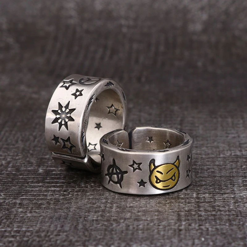Bagues rétro en argent pour hommes et femmes, bijoux de documents, bague à motif de démon étoile en polaire mignonne, cadeaux de carillon réglables