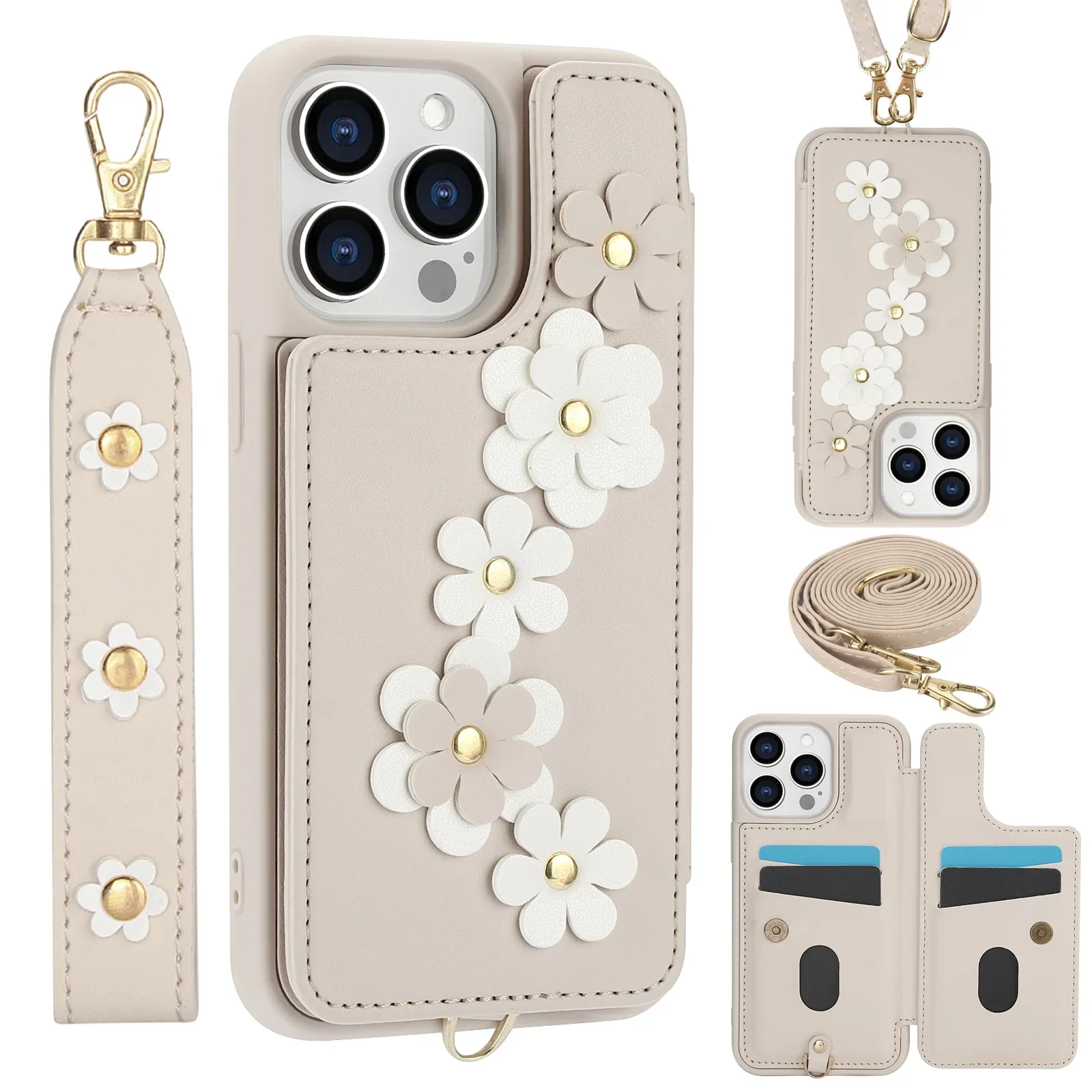 Fashion Rivet Flowers Leather Case For iPhone 16 15 14 13 12 11 Pro Max Plus Card Pocket Long Strap Short Chain Wallet Cover