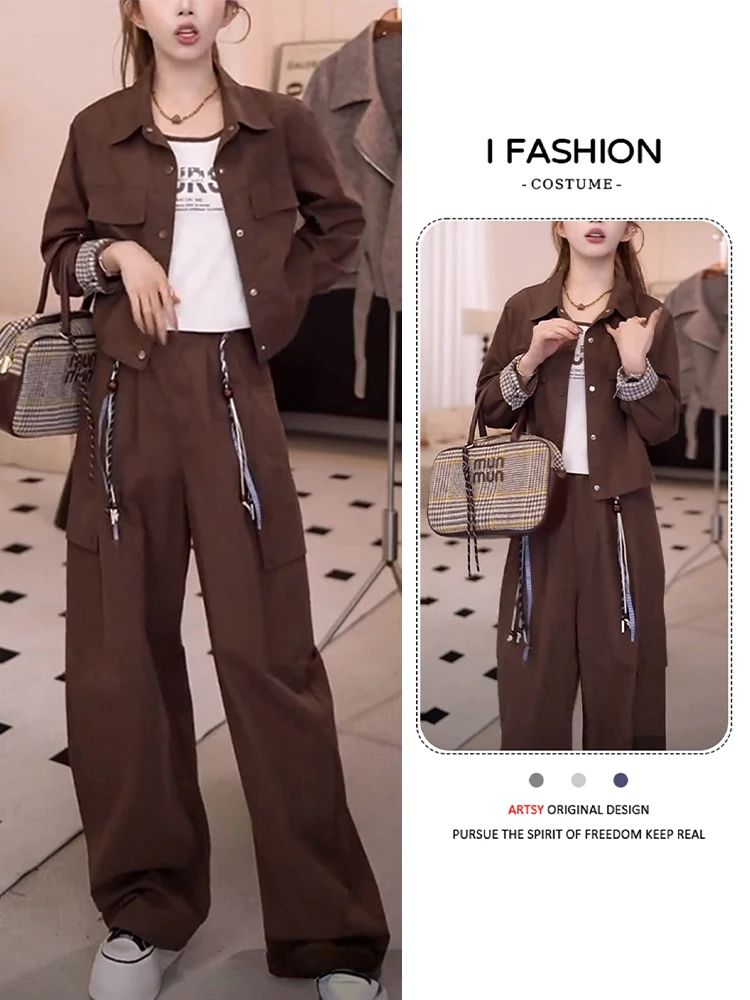 

Ранняя осень 2026, женская верхняя одежда из джета, широкие брюки с ремешками, комплект футболок, повседневная спортивная одежда, хлопок, длинный све