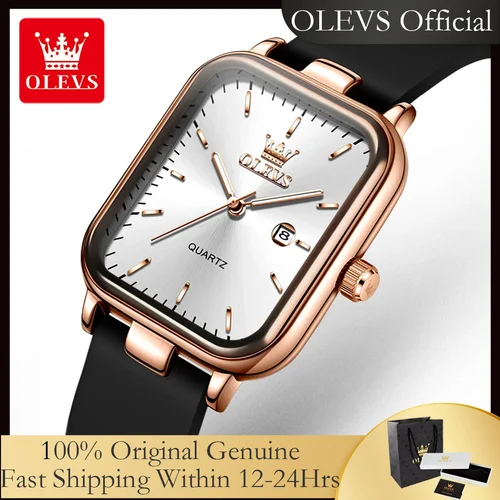 OLEVS 7089 Relojes para mujer con caja de regalo Correa de silicona original Relojes de pulsera de cuarzo luminosos impermeables cuadrados a la moda para mujer
