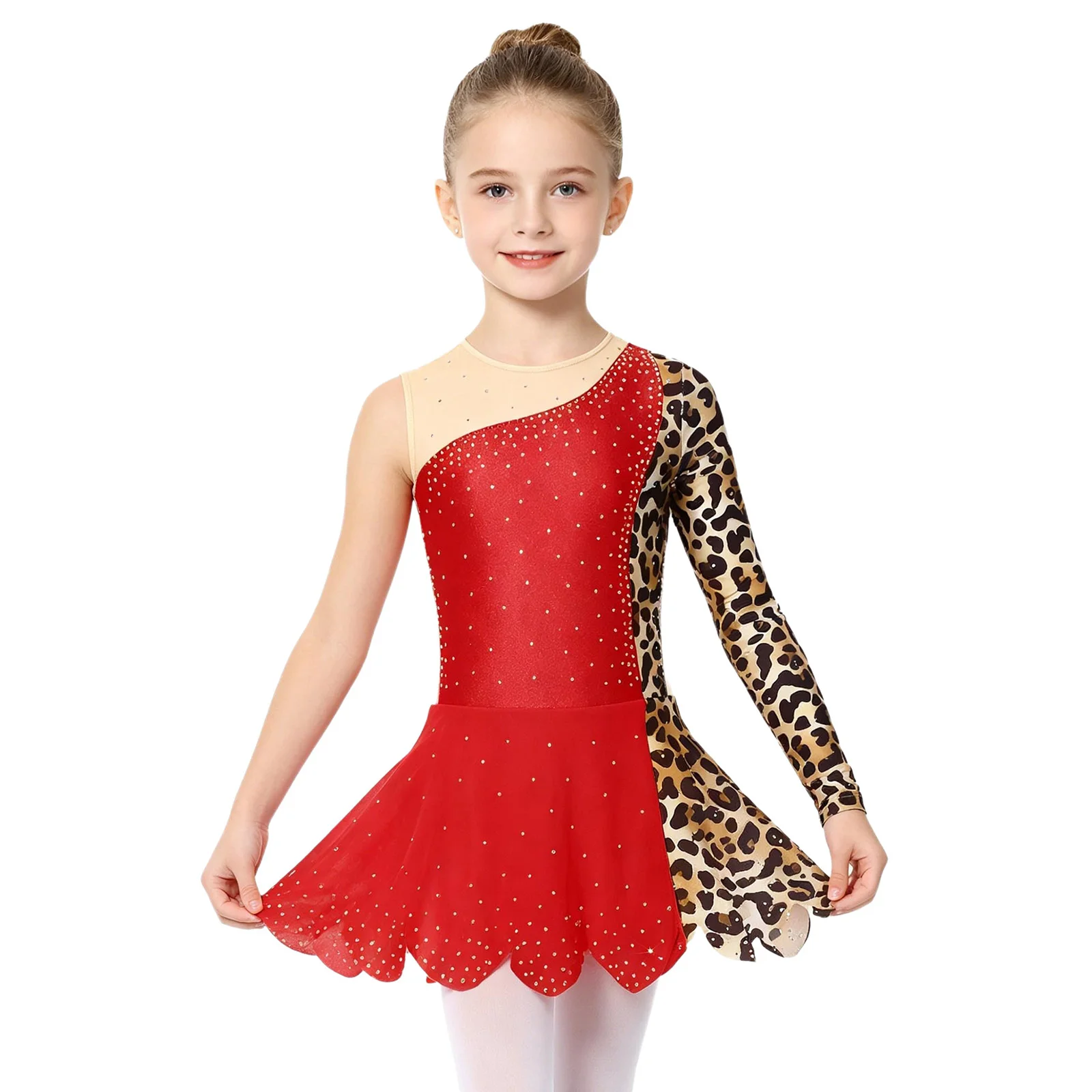 

Kids Girls Ballet Dance Rhythmic Gymnastics Leotards Sparkly Rhinestones Leopard Printed Tutu Dress Figure Skating Dancewear