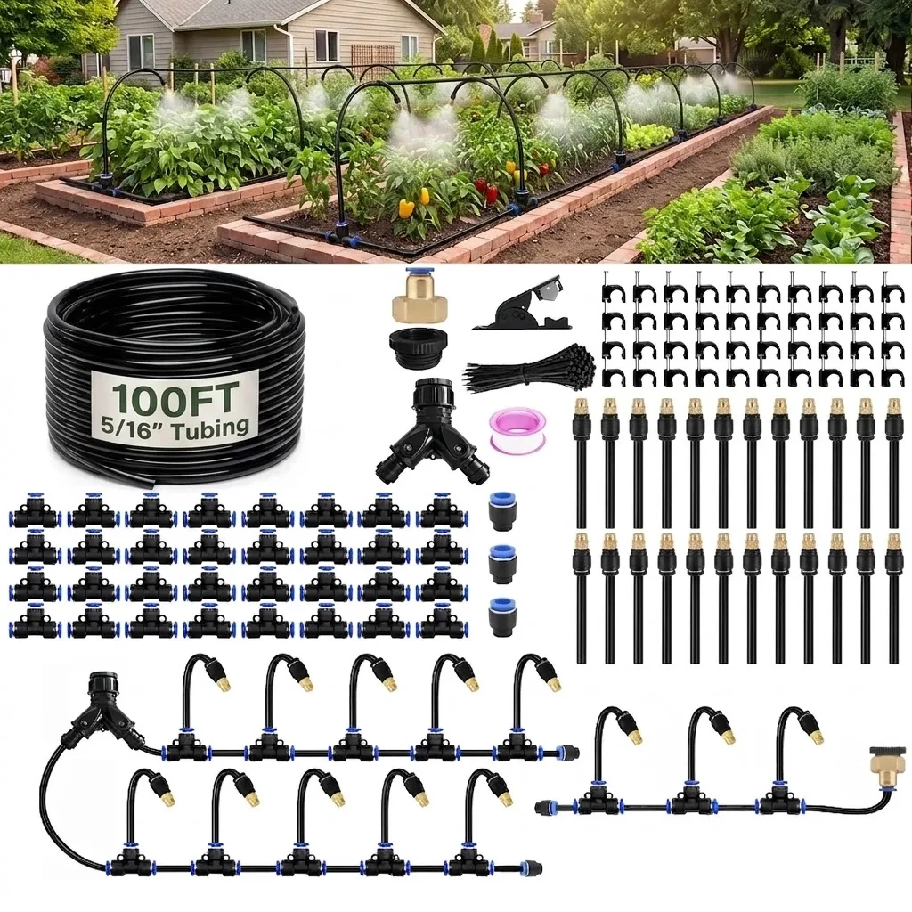Garden Watering Kit 50 66 100FT 5 16 Inch Tubing With Brass Nozzles Faucet Adapter Mist Drip Off Modes For Lawn Patio Plant