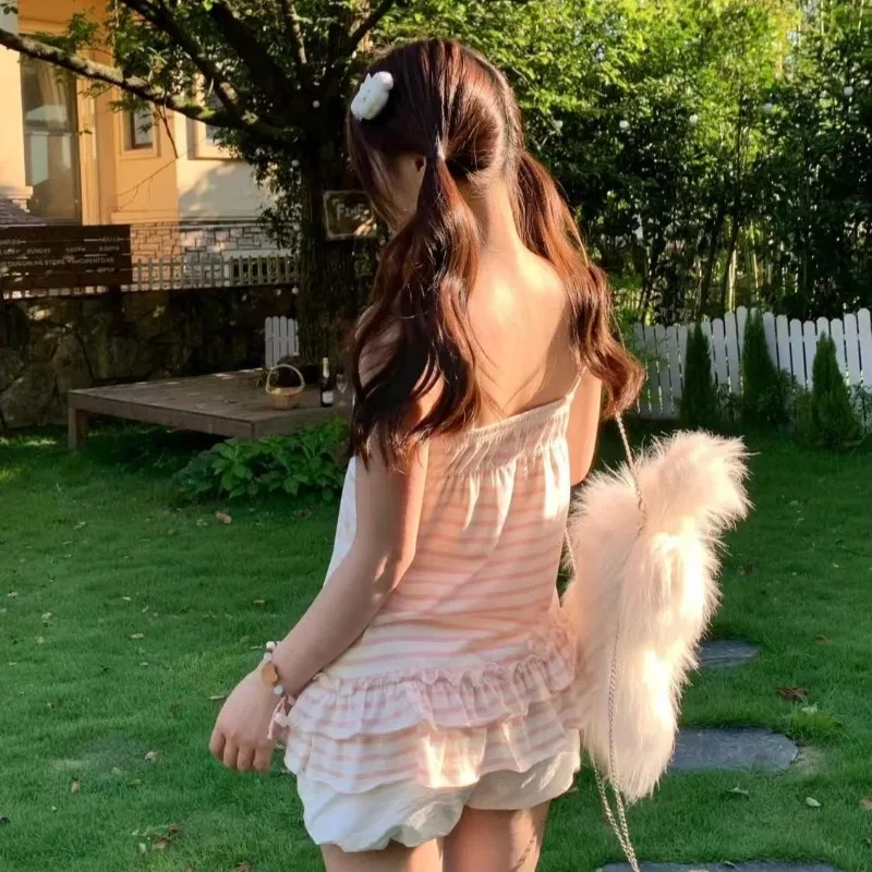 اليابانية الرجعية الوردي شريط طباعة الرسن سترة المرأة مثير فراشة الرقبة الدبابات الأعلى Kawaii الحلو بروتيل الصيف الإناث هوتي الأعلى #6