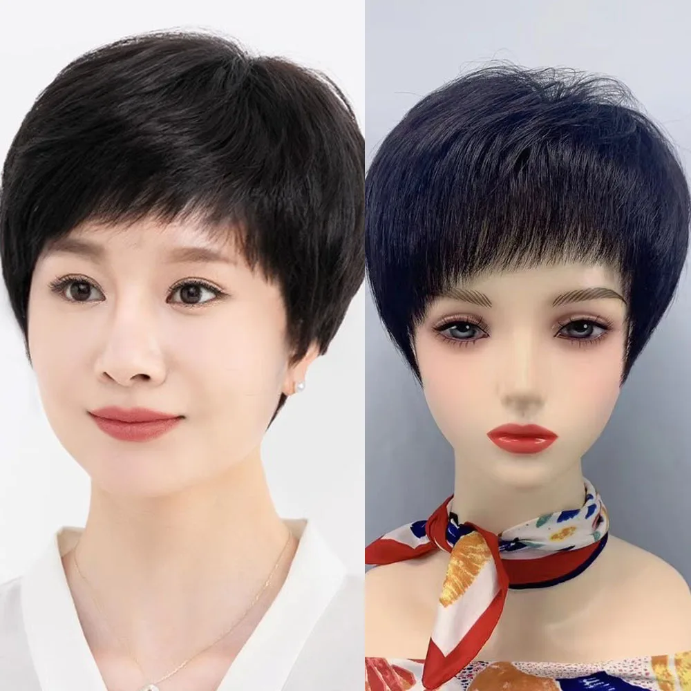 Highlight Blue Short Hair Wigs Pixie Cut Hand Tied Full Lace Wig With Bangs Silk Top Breathable Wig Human Hair Wig For Women