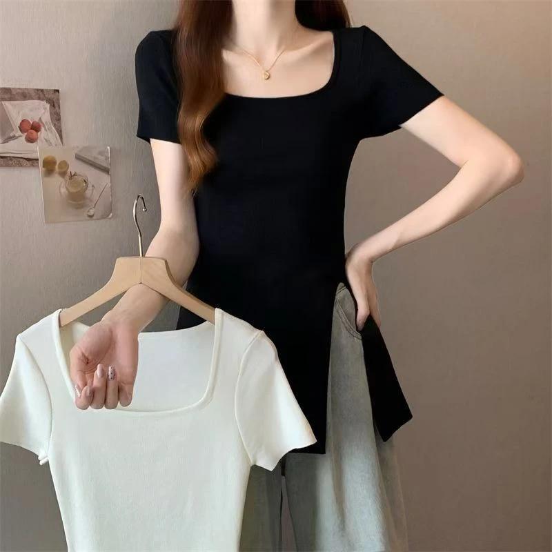 Large size women\'s fat mm summer new 2024 solid color fashion square collar knit shirt thin cover belly split shirt tide