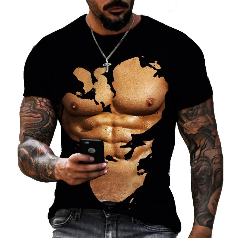

Fashion Muscle Graphics T-shirts Summer Trend Short Sleeve Mens 3D Tear Printed T Shirts Casual Streetwear Oversized Tees Tops