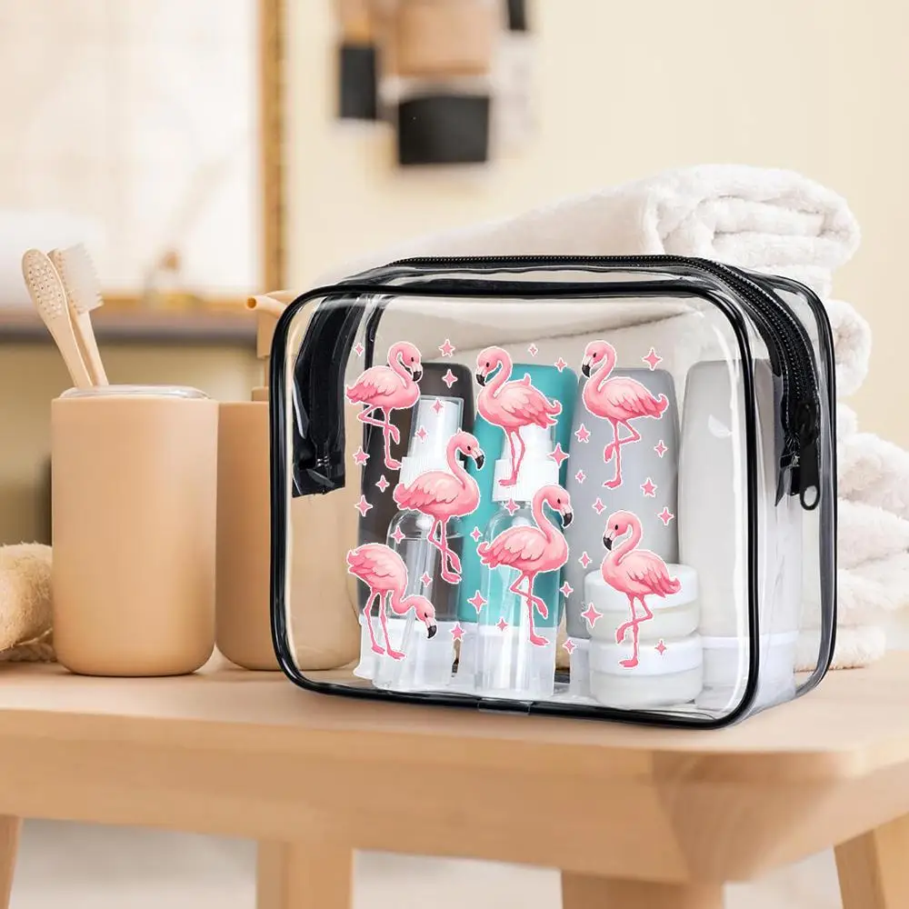 Pink Flamingos Clear Pvc Makeup Bag Kawaii Style with Sparkle Accents Black Trim Zippered Portable Cosmetic Pouch Waterproof
