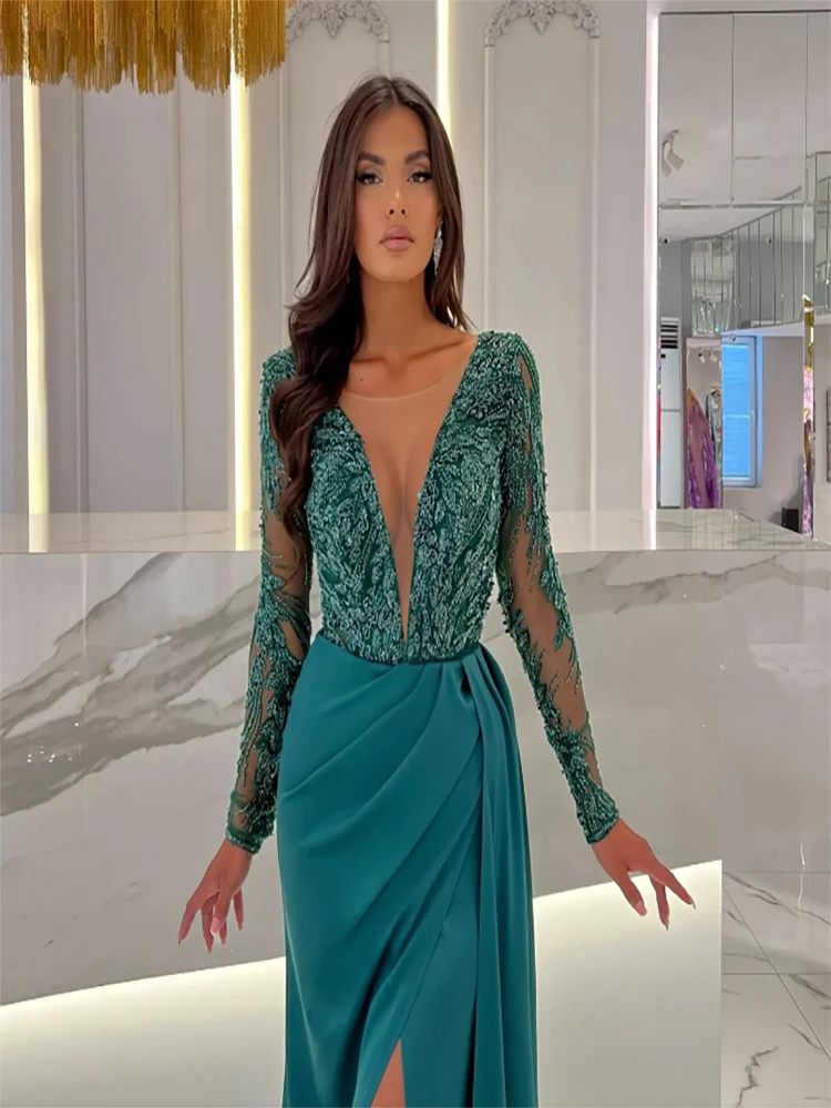 

Elegant Sheath Green Illusion V Neck Long Sleeves Beading Party Prom Dres Evening Dresses Split Long Dress for special occasion