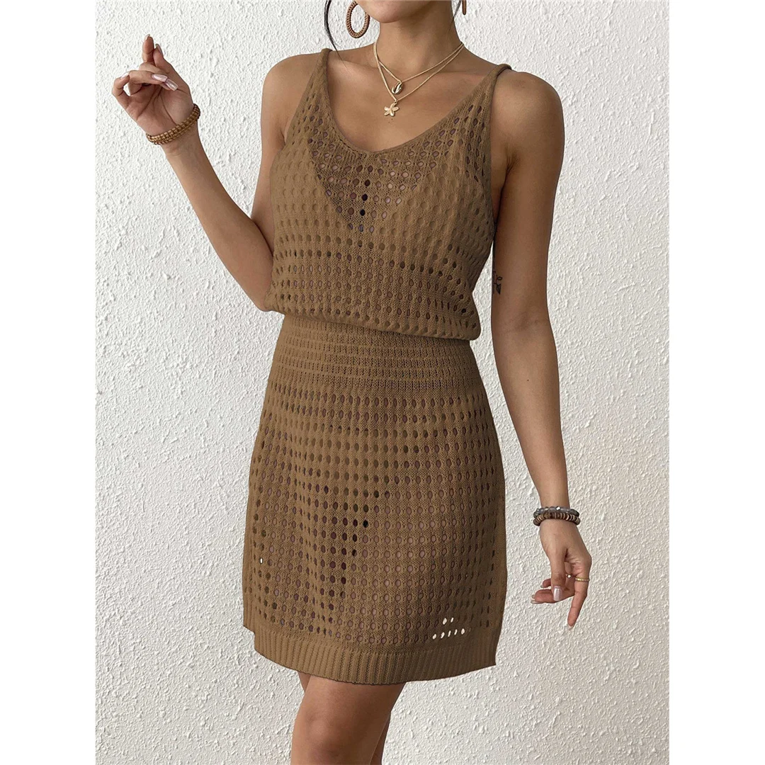 S - XL V-Ausschnitt, ausgestelltes, gehäkeltes Strick-Tunika-Strandkleid, Strandkleid, Mini-Strandkleid, Strandmode, Damen, V7048 – Detail 31