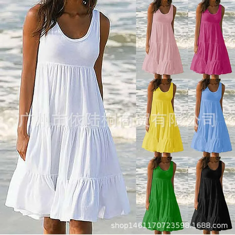 

Women's Summer Beachwear Sleeveless Solid Color High Waist A Line Maxi Dress White Ruffle Hem Tiered Skirt Round Neck Pullover