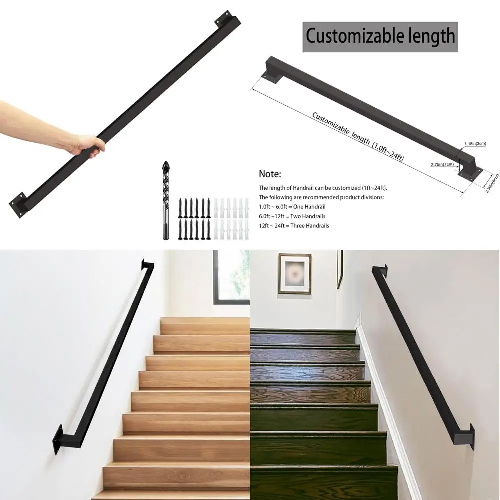 درابزين يدوي من الحديد الأسود غير قابل للانزلاق ومقاوم للصدأ، 4 أقدام للسلالم الداخلية والطوابق الخارجية، مقبض دعم مثبت على الحائط #1