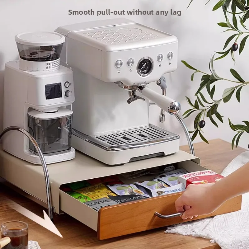 

Vintage Pull-Out Coffee Station Organizer Modern Kitchen Shelf for Espresso Machine & Mugs Space Saving Bar Shelf with Drawers